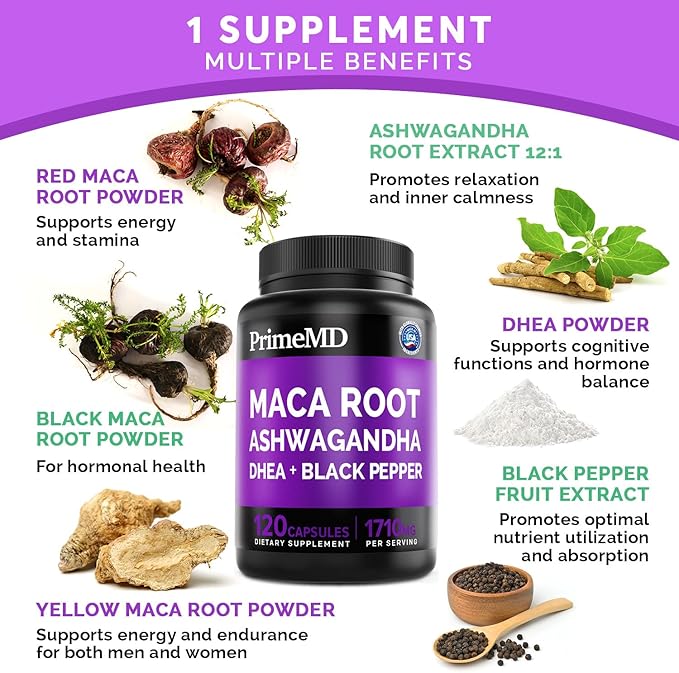 6-in-1 Organic Maca Root & Ashwagandha Capsules 1710mg w/DHEA & Black Pepper Fruit Extract - Maca Root Capsules for Women & Men - Energy, Mood, and Bone Support Supplement, 360 Capsules (3 Pack)