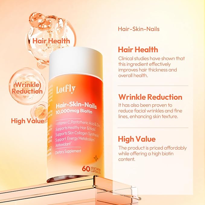 Biotin 10000 mcg with Zinc, Vitamin C & Calcium Pantothenate – Supports Healthy Hair Growth, Strong Nails & Glowing Skin for Women & Men | Made in The USA | 60 Vegan Capsules