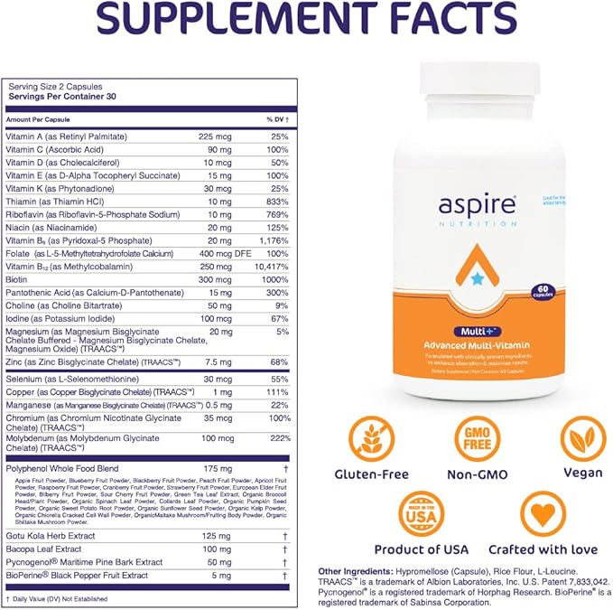 Aspire Multi+™ Advanced Multivitamin for Men, Women & Kids - Best Supplement for Focus, Attention, Memory, Mood. More Absorbent Nutrients, Minerals and Vitamins - All Natural