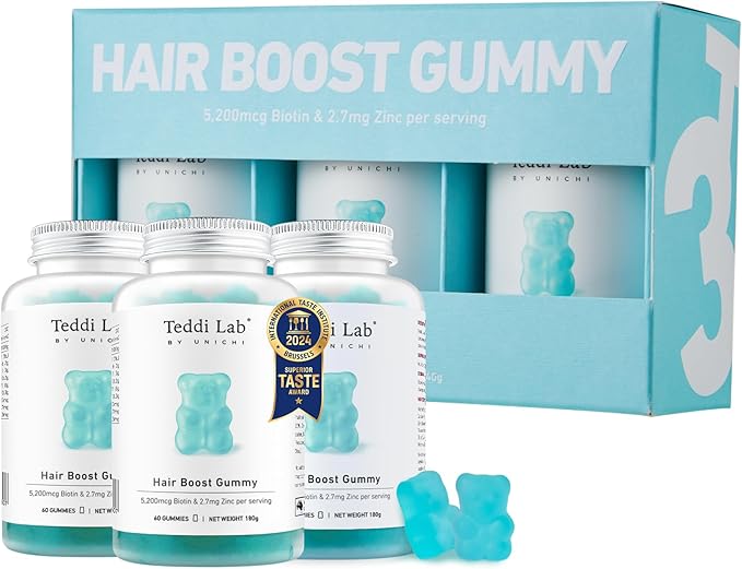 Unichi Hair Boost Gummy 3-Pack, 5200mcg Biotin Formulated with Zinc, Pantothenic Acid and Vitamin A, C, E for Stronger and Thicker Hair, Great Tasting with Sea Salt & Green Grape Flavour, 180 Count