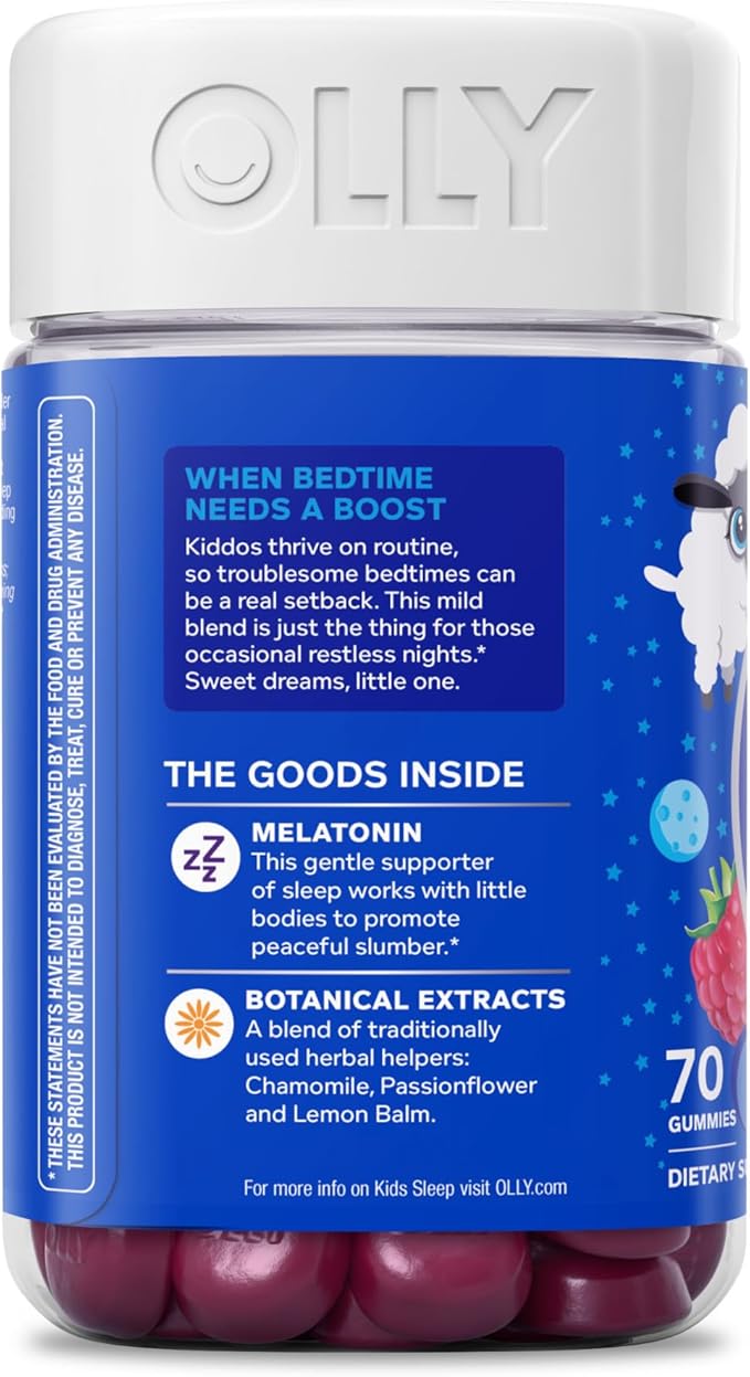 OLLY Kids Sleep Gummies, 0.5mg Melatonin, L Theanine, Chamomile, and Lemon Balm, Fall Asleep Faster, Raspberry - 70 Count