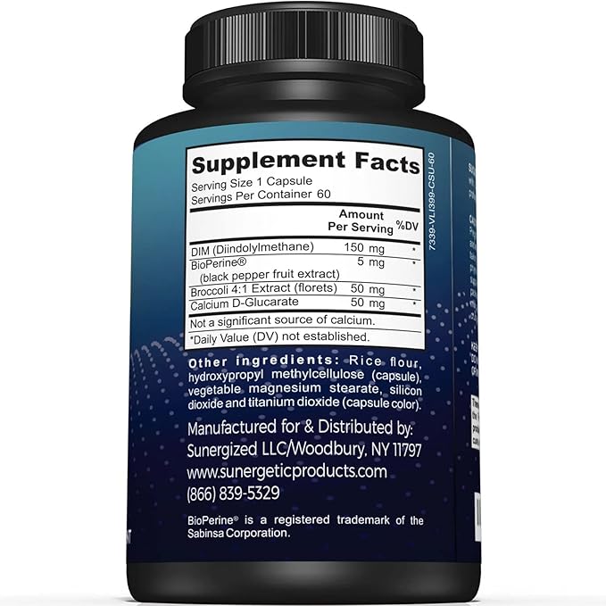 Sunergetic Premium DIM Supplement– 150mg DIM (diindolylmethane), Broccoli, Calcium D-Glucarate & Bioperine- DIM Capsules for Men & Women–DIM Complex for Menopause Support & Balance - 60 DIM Capsules