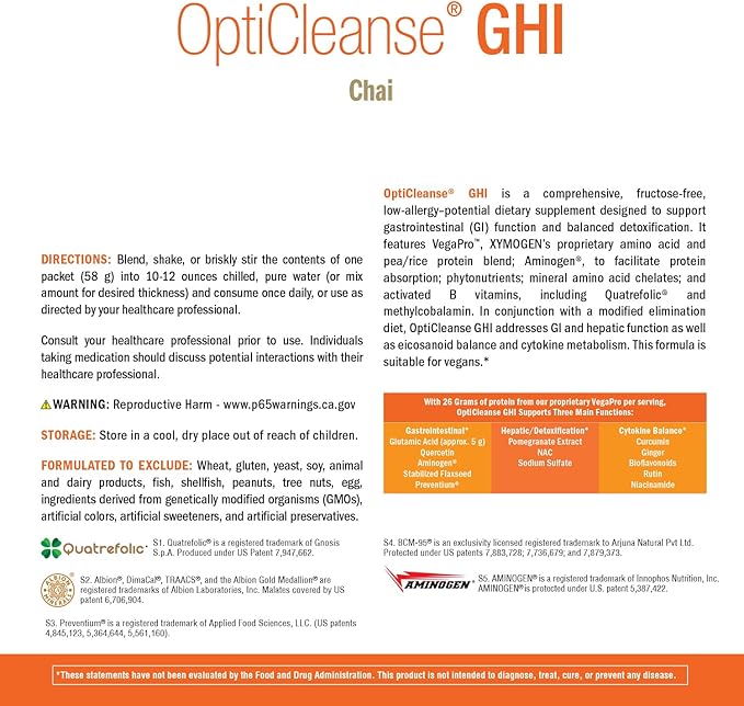 XYMOGEN OptiCleanse GHI Detox Cleanse - Vegan Protein Powder with Vitamins, Phytonutrients, Minerals to Help Detox - Cytokine Balance, Liver Detox + Gut Health Support - Chai (10 Packets)