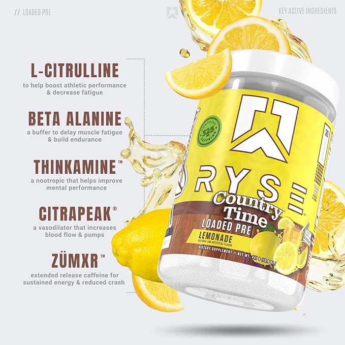 RYSE Loaded Pre Workout Powder Supplement for Men & Women | Pumps, Energy, Focus | Beta Alanine + Citrulline | 325mg Caffeine | 30 Servings (Country Time Lemonade)