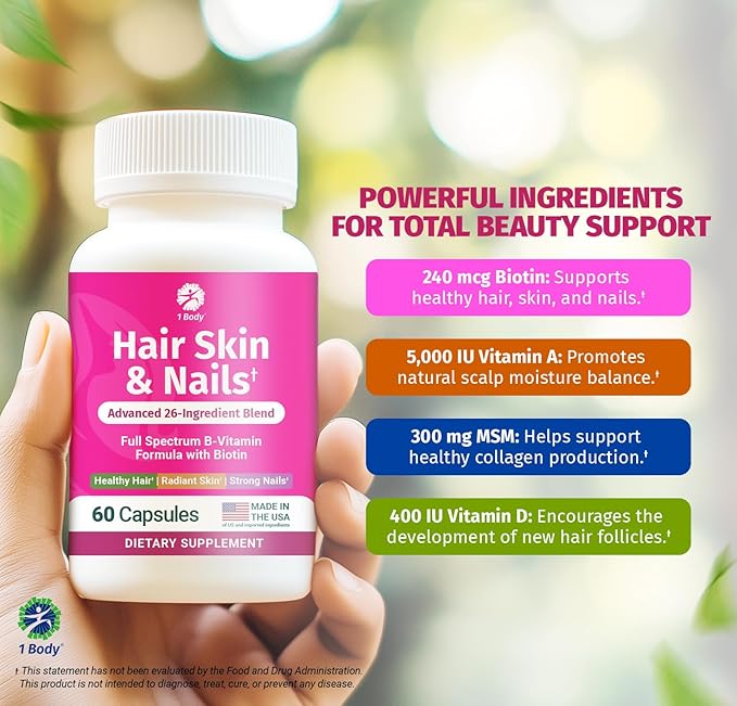 1 Body Hair Skin and Nails Vitamins with Biotin – Contains 26 Vitamins, Minerals and Herb Extracts – Hair and Nail Growth, Glowing Skin Supplements Formula for Men and Women – 60 Vegan Capsules