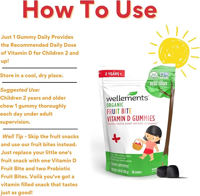 Wellements Organic Fruit Bite Vitamin D Gummies | Vitamin D3 Gummy for Kids, Supplement for Healthy Growth & Bone Development*, Raspberry Flavor | 60 Day Supply, Ages 2+