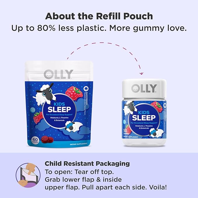 OLLY Kids Sleep Gummy, 0.5mg Melatonin, L Theanine, Chamomile, and Lemon Balm, Childrens Chewable Supplement, Occasional Sleep Support, Raspberry - 60 Count (Packaging may vary)