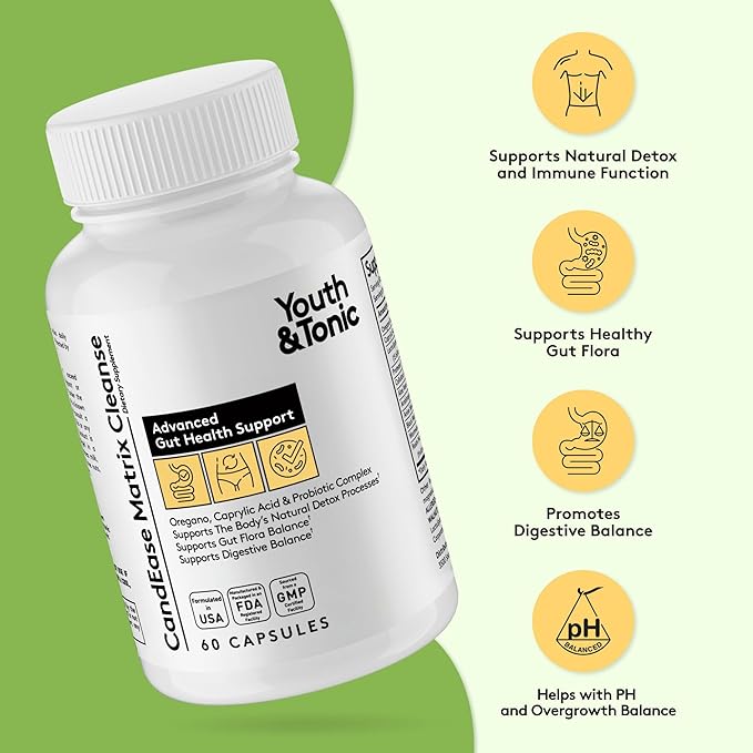 Youth & Tonic CandEase Cleanse Matrix – Overgrowth Support & Gut Health, Intestinal Flora Balance & Body Detox Complex with Oregano, Caprylic Acid, Digestive Enzymes, Probiotics, 60 Pills, Women & Men