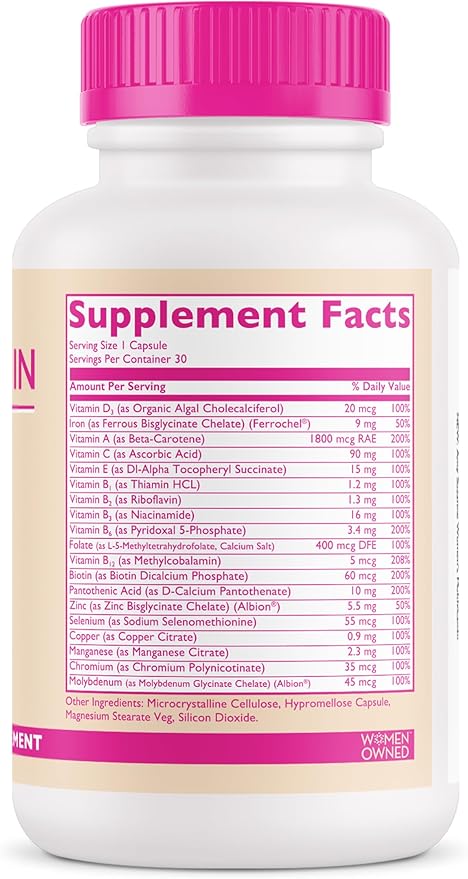Women's Multivitamin - 19 Targeted Vitamins & Nutrients for Women - Supports Hair, Skin & Nails, Cognitive Health, Focus, & Heart Health - 1 Vegan Capsule Daily, 30 Day Supply