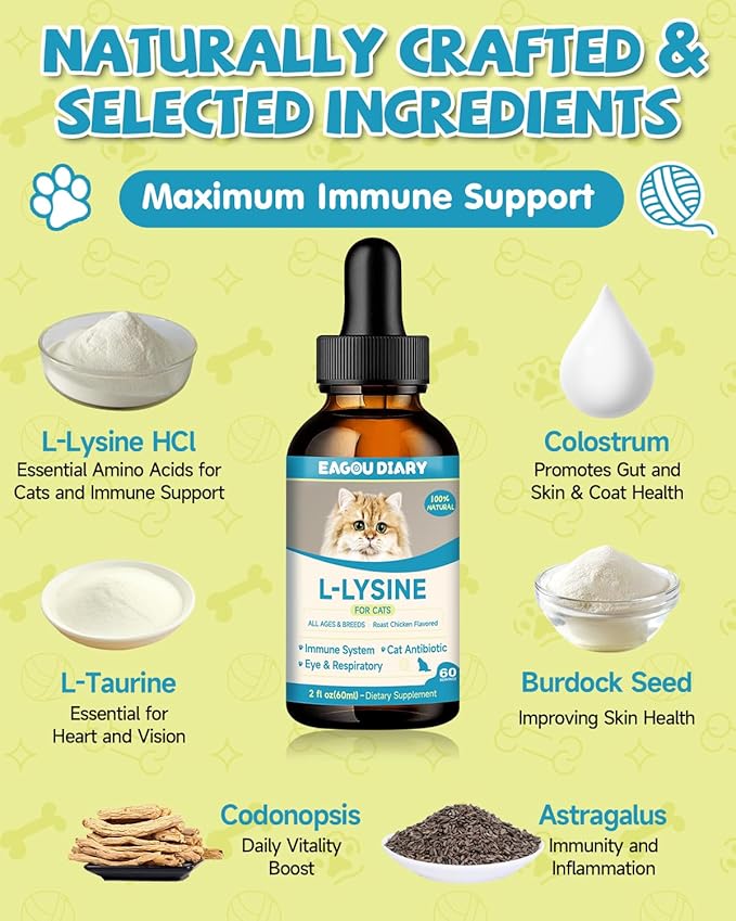 Lysine for Cats - L-Lysine Supplement for Cats & Kittens, Cat Immune Support, Allergy Relief, Sneezing, Cat L-Lysine Drops with Colostrum, Taurine, Vitamins & Minerals, Astragalus - 2Fl Oz