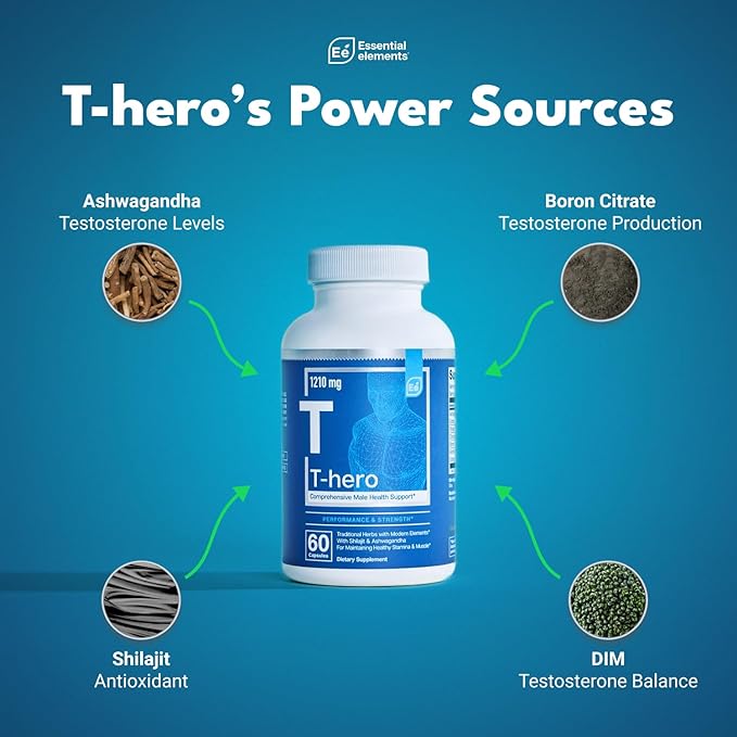 Essential Elements Male Health Supplement - Muscle Support & T-Health with DIM, Ashwagandha, Shilajit, More | T-Hero 60 Vegan Capsules (2-Pack)
