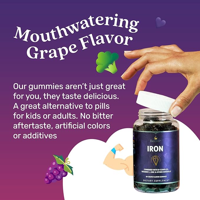 BeLive Iron Gummies - Multivitamin Iron Supplement with Vitamin C, A, B & Zinc, Supports Blood Oxygen, Vegan Iron Supplements for Women, Men & Kids for Growth and Development - Grape Flavor | 5-Pack
