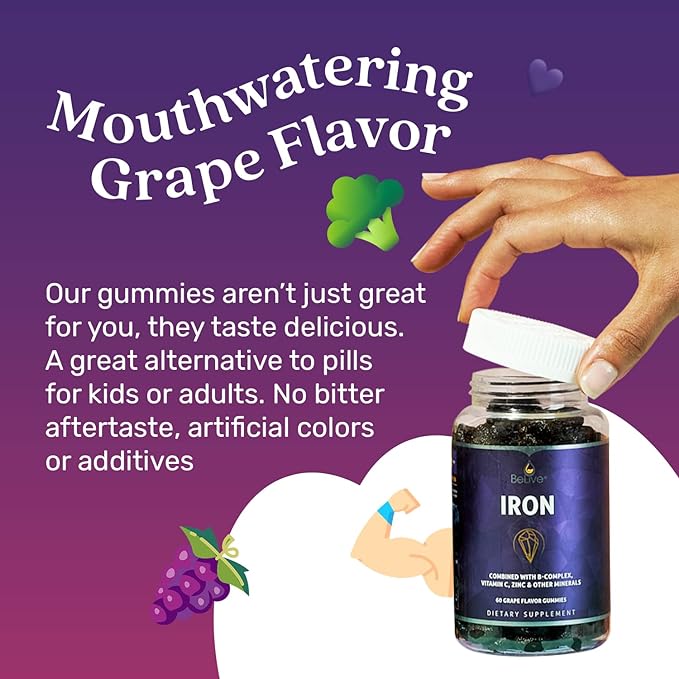 BeLive Iron Gummies - Multivitamin Iron Supplement with Vitamin C, A, B & Zinc, Supports Blood Oxygen, Vegan Iron Supplements for Women, Men & Kids for Growth and Development - Grape Flavor | 3-Pack
