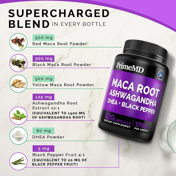 6-in-1 Organic Maca Root & Ashwagandha Capsules 1710mg w/DHEA & Black Pepper Fruit Extract - Maca Root Capsules for Women & Men - Stamina, Bone and Mood Support Supplement,120 Capsules (40 Servings)