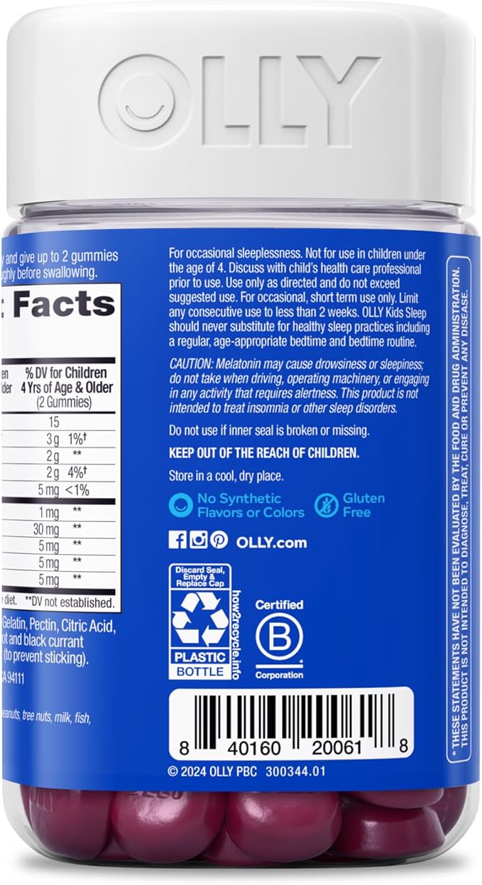 OLLY Kids Sleep Gummies, 0.5mg Melatonin, L Theanine, Chamomile, and Lemon Balm, Fall Asleep Faster, Raspberry - 70 Count
