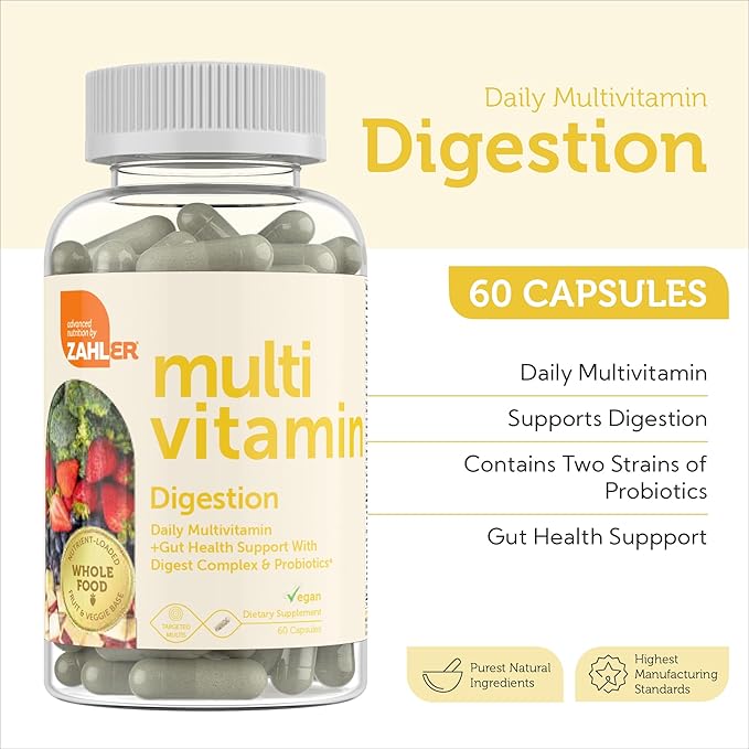 Zahler - Multivitamin with Probiotics for Digestive Health (60 Capsules) Kosher Multi Vitamins for Gut Health, Healthy Regularity Support for Men and Women - Probiotic Digestion Pills for Adults
