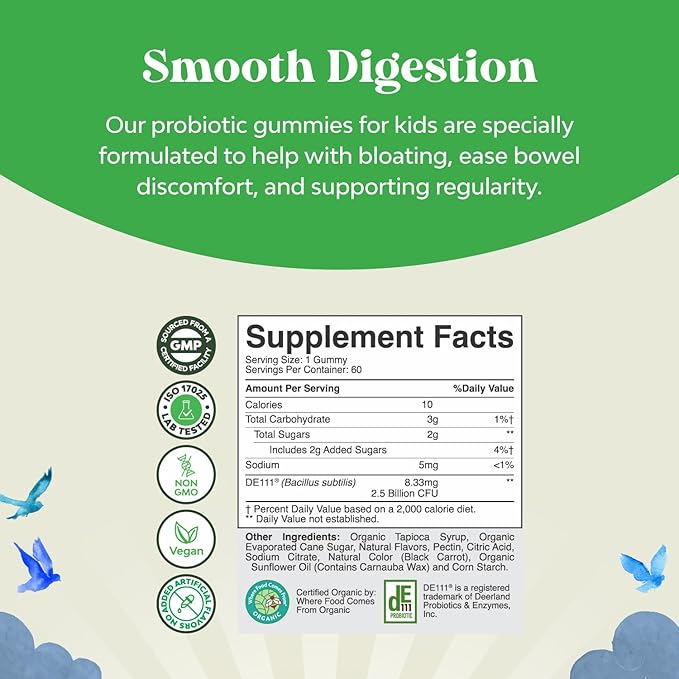 USDA Organic Probiotic Gummies for Kids - Vegan Non-GMO Kids Probiotic Gummy Vitamin for Immunity and Digestive Health - Gentle 2.5B CFU Organic Probiotics for Kids - Strawberry Flavor (4 Month)