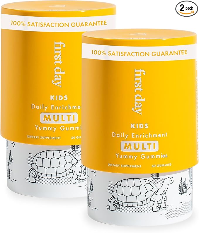 FIRST DAY Kids Daily Multivitamin Gummies – Vitamin A, D3, B6, B12, C, K2 & More to Support Growth, Brain Function, Immunity – Made w/Organic Fruits & Veggies, Only 2g Sugar – 2-Pk, 60 Day Supply
