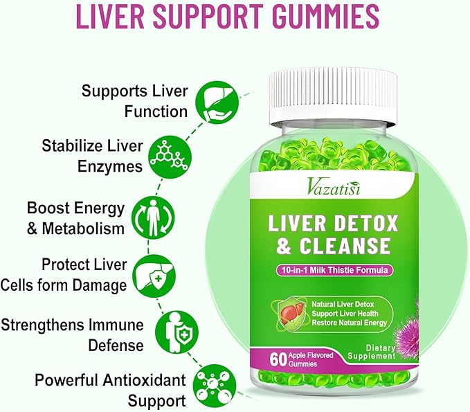 Milk Thistle Gummies for Adults Kids. Liver Cleanse Detox Repair Gummies, 1000 m Milk Thistle Extract Supplement for Liver Support Digestive Metabolism Antioxidant, 60ct Apple Flavor