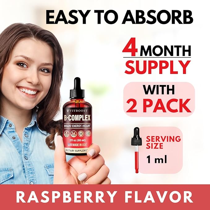 Vitamin B Complex Supplement with 20000 mcg - Extra Strength for Men and Women - Vegan| Raspberry Liquid Drops| USA Made, B1, B2, B3, B5, B6, Biotin, Folic Acid & B12 Methylcobalamin | 4 Months Supply