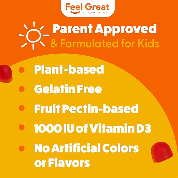 Vitamin D3 1000IU Gummy Vitamins for Kids (60 Day Supply) by Feel Great Vitamin Co | 60 Gummies | Delicious Plant Based Gummies | Supports Healthy Bones, Teeth, Mood, Immune System*