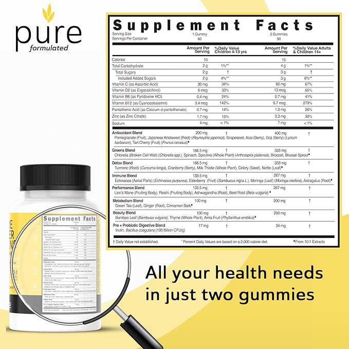 Super Greens Multivitamin Gummies for Men & Women - Adult Immune Support Gummies - 30 Superfoods Vegan Supplements - Natural Raspberry Flavor (60 Count)