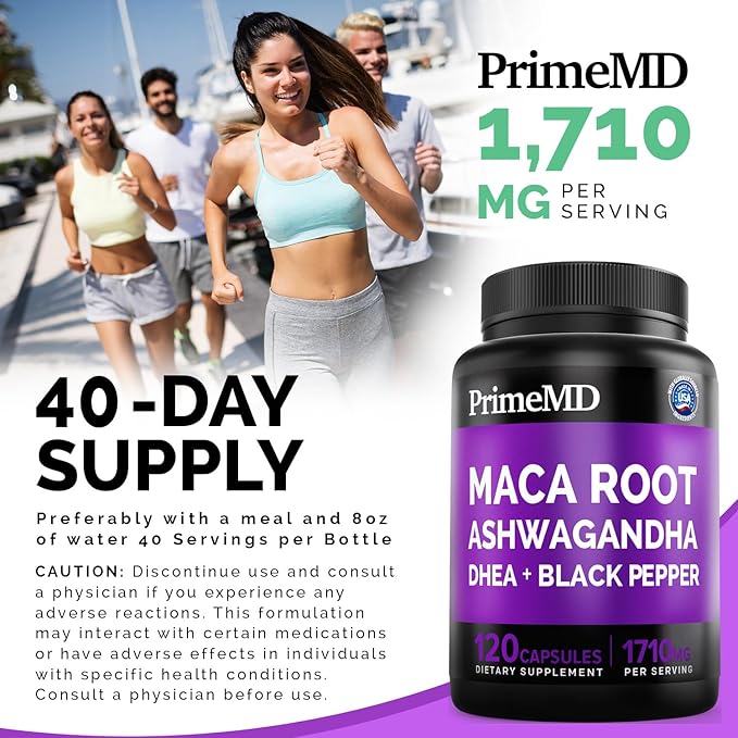 6-in-1 Organic Maca Root & Ashwagandha Capsules 1710mg w/DHEA & Black Pepper Fruit Extract - Maca Root Capsules for Women & Men - Stamina, Bone and Mood Support Supplement,120 Capsules (40 Servings)