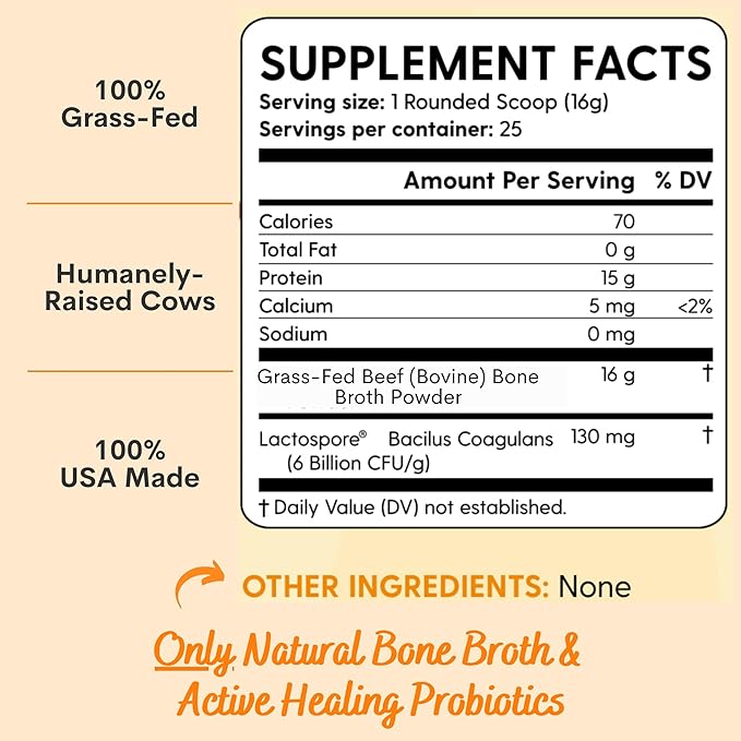 100% Grass-Fed Organic Beef Bone Broth Powder, Probiotics, Collagen, 15g Protein, Non-GMO, Low Sodium, Gut Health, Paleo, Keto, Gluten-Free, Healthy Skin, Hair, Joints - 25 Servings