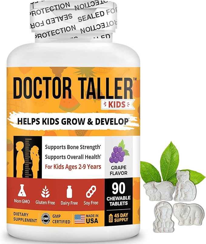 Doctor Taller Kids - Kids Multivitamins, Toddler Vitamins - Support Height Growth, Enhanced Immunity with Calcium, Multivitamins for Ages 2 to 9 - Grape Flavor - 90 Vegan Chewable Tablets | 3 Pack