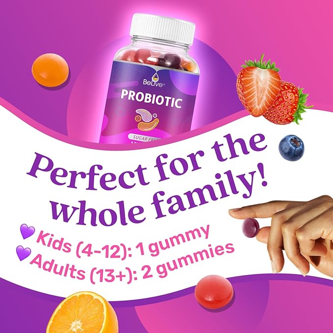 BeLive Probiotic Gummies - Probiotics with 5 Billion CFUs for Digestive Health, Men, Women & Kids - for Immune Support, Sugar Free & Vegan | 60 Ct – Blueberry, Strawberry & Orange
