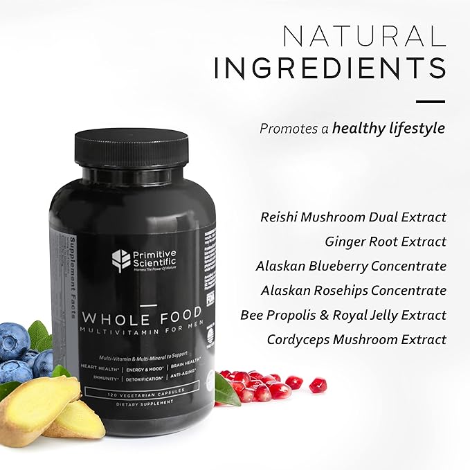 Whole Food Multivitamin for Men (120 Vegetarian Capsules) for Strength, Energy, Immune Support, Anti-Aging and More | Natural & Sugar-Free Multivitamin for Men