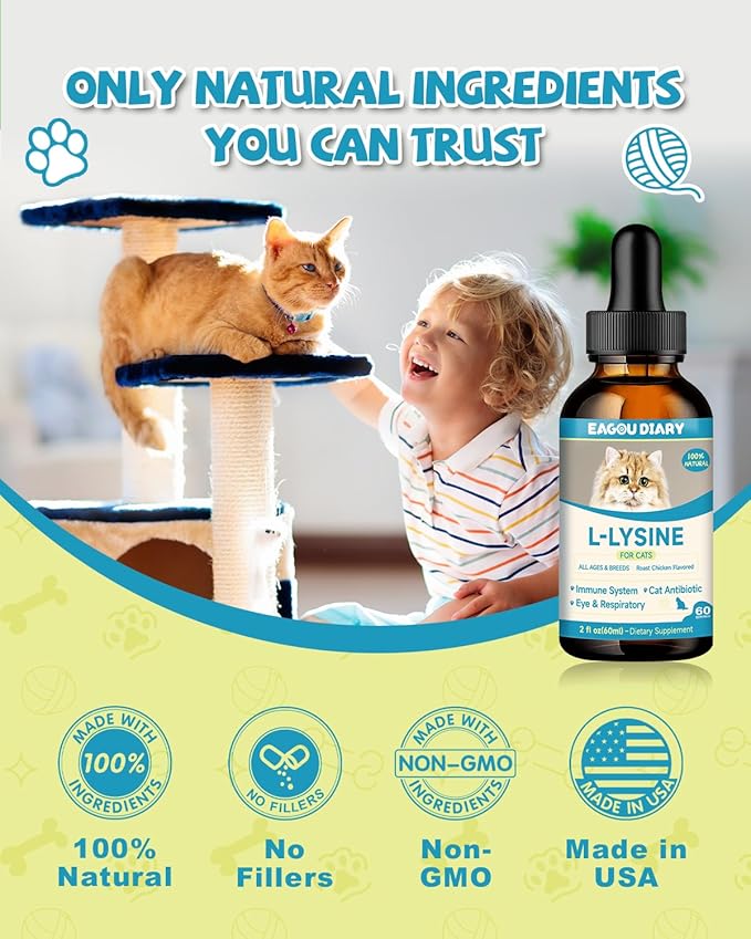 Lysine for Cats - L-Lysine Supplement for Cats & Kittens, Cat Immune Support, Allergy Relief, Sneezing, Cat L-Lysine Drops with Colostrum, Taurine, Vitamins & Minerals, Astragalus - 2Fl Oz