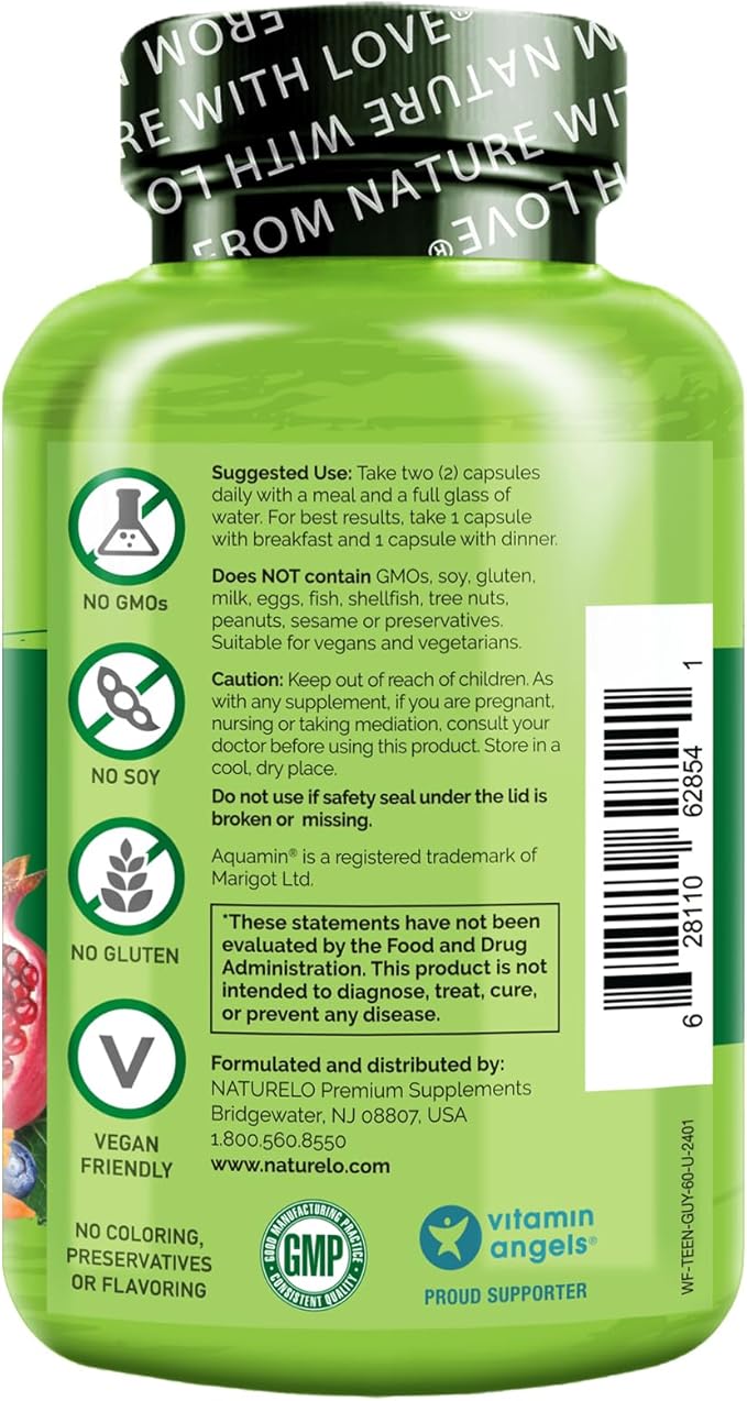 NATURELO Whole Food Multivitamin for Teenage Boys - Vitamins and Minerals Supplement for Active Kids - with Plant Extracts - Non-GMO - Vegan & Vegetarian - 60 Capsules