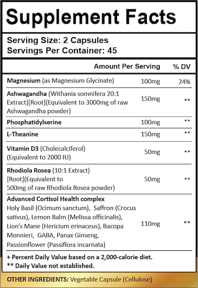 14-in-1 Cortisol Health Supplement with Ashwagandha, Magnesium Glycinate, Rhodiola, L-Theanine, Holy Basil & More. Cortisol Supplements for Women Support Stress Management & Stamina. 90 Capsules.