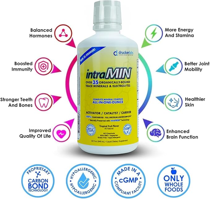 DRUCKER Labs - IntraMIN Organic Liquid Trace Minerals Dietary Supplement for Men, Women, Kids, Immune Support, Muscle Support, Non GMO, Gluten Free, Vegan, Electrolytes (32 oz., Tropical Fruit Punch)