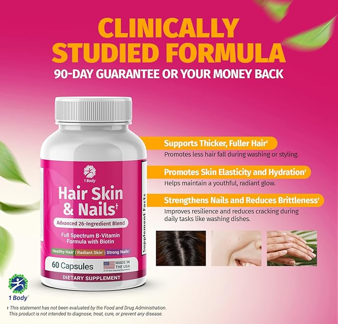 1 Body Hair Skin and Nails Vitamins with Biotin – Contains 26 Vitamins, Minerals and Herb Extracts – Hair and Nail Growth, Glowing Skin Supplements Formula for Men and Women – 60 Vegan Capsules