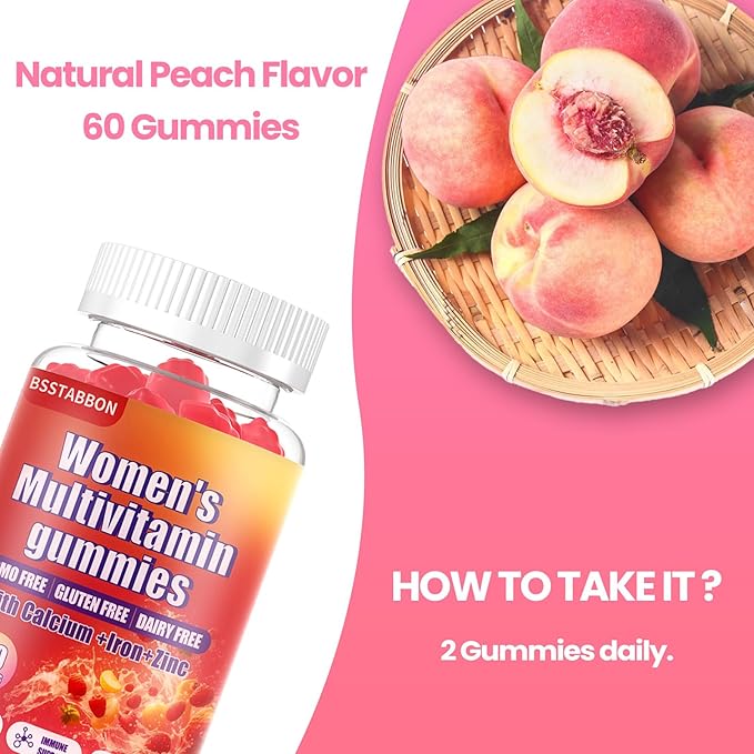 Women's Multivitamin Gummies Peach Flavor, Contains 6 Essential Vitamins (Vitamin A,B6,B12,C, D, E) and Multiple Mineral Values for Skin, Hair, Energy, Immune(60 Gummies) (60 Count)
