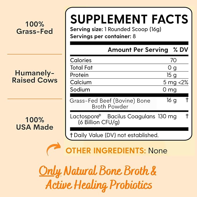 100% Grass-Fed Organic Beef Bone Broth Protein Powder, Active Probiotics, Collagen Peptide Rich, 15g Protein, Non-GMO, Low Sodium, Healthy Skin, Gut Health, Paleo Keto, No Gluten