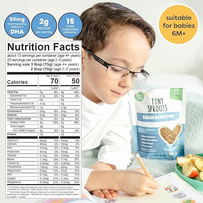 Superseed Organic Milled Chia, Flaxseed and Hemp Heart Brain Booster with Vegan Omega-3 DHA S Prebiotic Fiber Protein Gluten Free Seeds for 6M+ Babies Toddlers & Kids (7oz x 2 Pack)