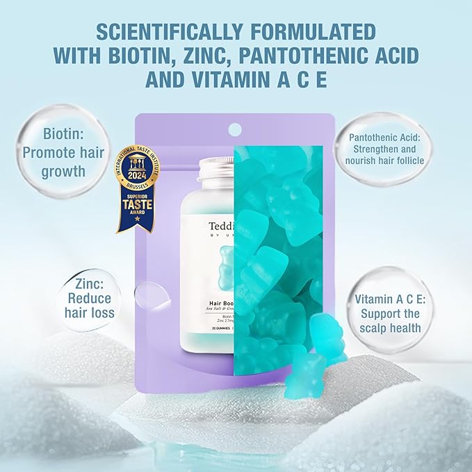 Unichi Hair Boost Gummy 20 Count, 5200mcg Biotin Formulated with Zinc, Pantothenic Acid and Vitamin A C E for Stronger and Thicker Hair, Great Tasting with Sea Salt & Green Grape Flavour