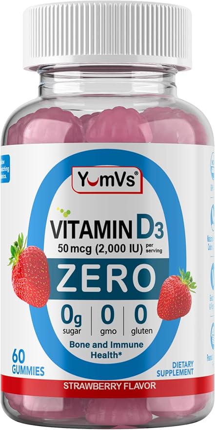 YUM-V'S Vitamin D Zero Gummies by YumVs | Keto Friendly, Sugar Free D3 Supplement | Kids & Adults| 50 mcg – 2000 IU Vitamin D3 | Natural Strawberry Flavor Chewables | 60 Count