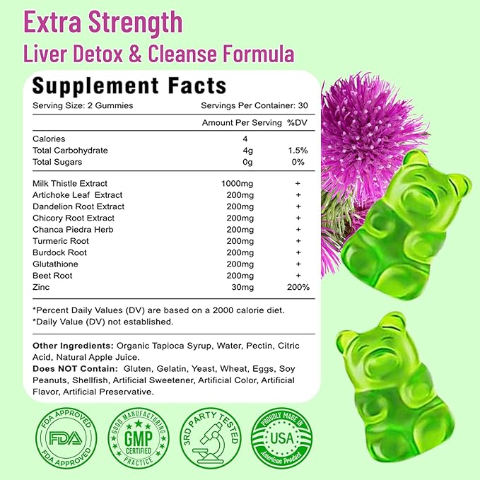 Milk Thistle Gummies for Adults Kids. Liver Cleanse Detox Repair Gummies, 1000 m Milk Thistle Extract Supplement for Liver Support Digestive Metabolism Antioxidant, 60ct Apple Flavor