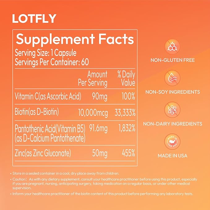 Biotin 10000 mcg with Zinc, Vitamin C & Calcium Pantothenate – Supports Healthy Hair Growth, Strong Nails & Glowing Skin for Women & Men | Made in The USA | 60 Vegan Capsules
