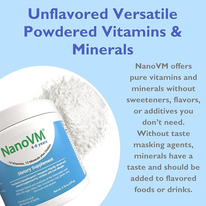 4-8 Years, Allergen-Free Kids Multivitamin, Unflavored Powdered Vitamins, Multivitamin Powder with 14 Vitamins & 13 Minerals, Low-Carbohydrate Vitamin Supplements, 275g - Solace Nutrition