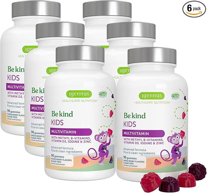 Methylated Kids Multivitamin Gummy, MTHFR Supplement with B-Vitamins & Vitamin D, Clean Label, Sugar Free, Age 4+, Berry Flavor Vegan Gummies, No Artificial Sweeteners or Flavors, pack of 6 by Igennus