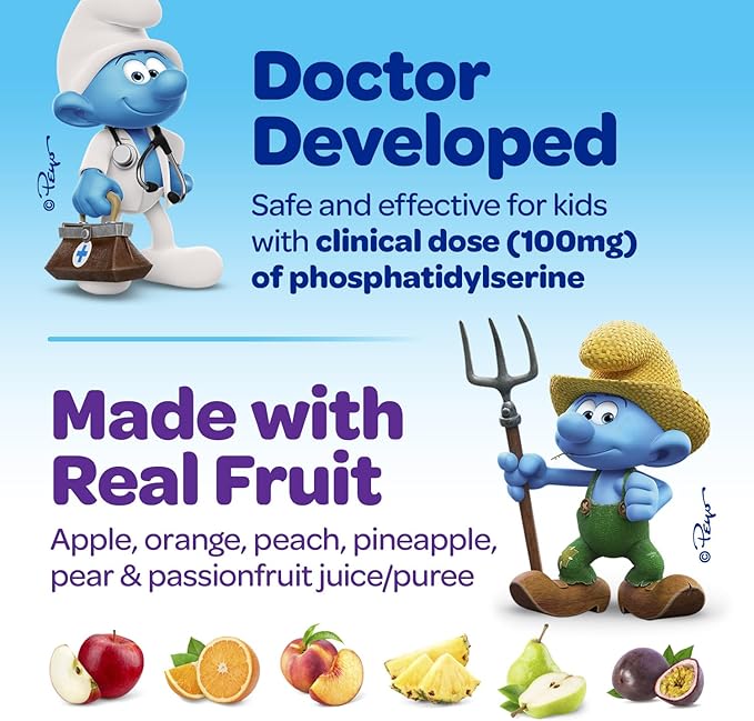 The Smurfs Nootropic Gummies for Kids with Vitamin B12 & L-Theanine | Laser Focus Gummies for Focus and Memory Supplements | Made with Real Fruit in a Smurf Berry | Doctor Developed | 60 Vegan Gummies