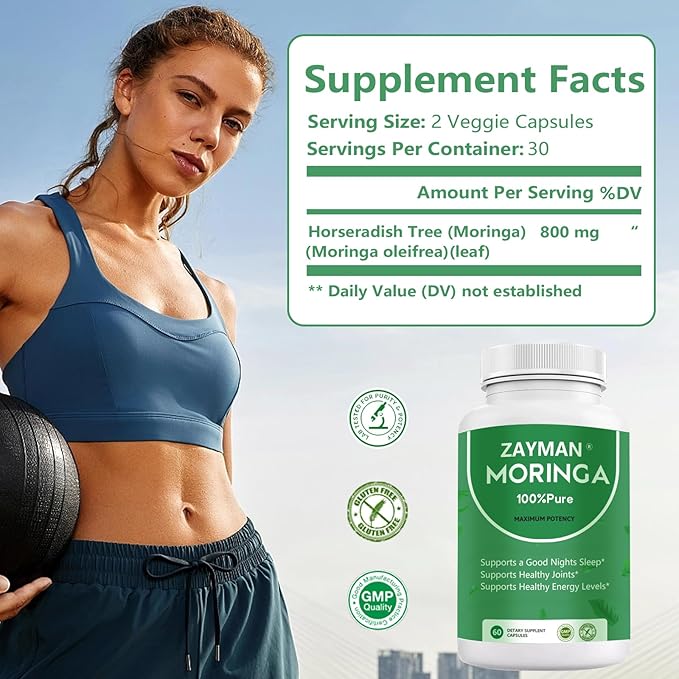 ZAYMAN Moringa Powder Capsules | 800mg of Pure Nutrient Rich Moringa Powder Moringa Supplement | 100% Pure & Natural Superfood, Vegan Greens, Multivitamin - Supports Energy, Skin Health, Gut Health
