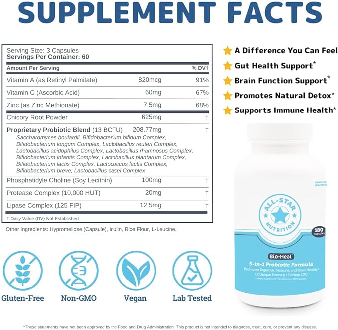 5-in-1 Bio-Heal® Probiotic Capsules for Kids, Men & Women - Best Supplement for Brain Function, Gut Health & Constipation - Shelf Stable & Fortified with Vitamins, Minerals & Prebiotics