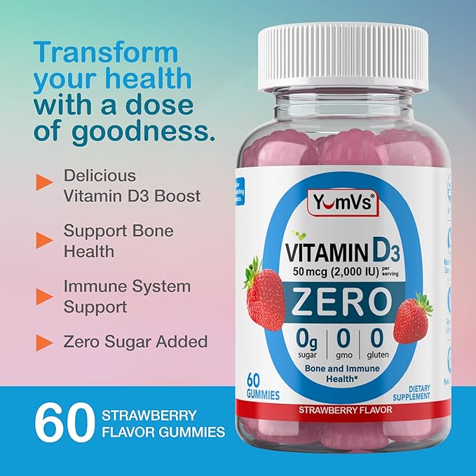 YUM-V'S Vitamin D Zero Gummies by YumVs | Keto Friendly, Sugar Free D3 Supplement | Kids & Adults| 50 mcg – 2000 IU Vitamin D3 | Natural Strawberry Flavor Chewables | 60 Count