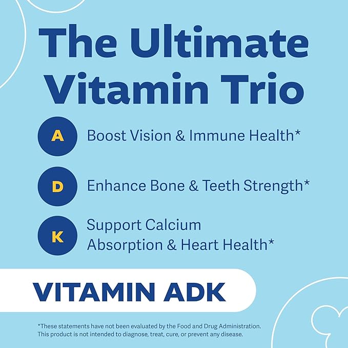 Vitamins ADK Gummies - Vitamin A D3 K2 Supplement - A 3000 iu, D3 5000 iu, K2 500mcg for Immune, Joint, Bone, Heart, Vision Health - Kids, Adults, Women - 60 Count Blueberry Flavor